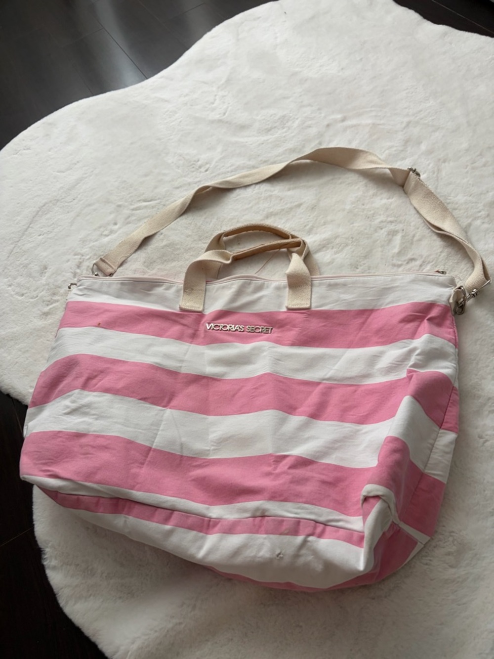 Victoria's Secret Pink and White Striped Canvas Tote
